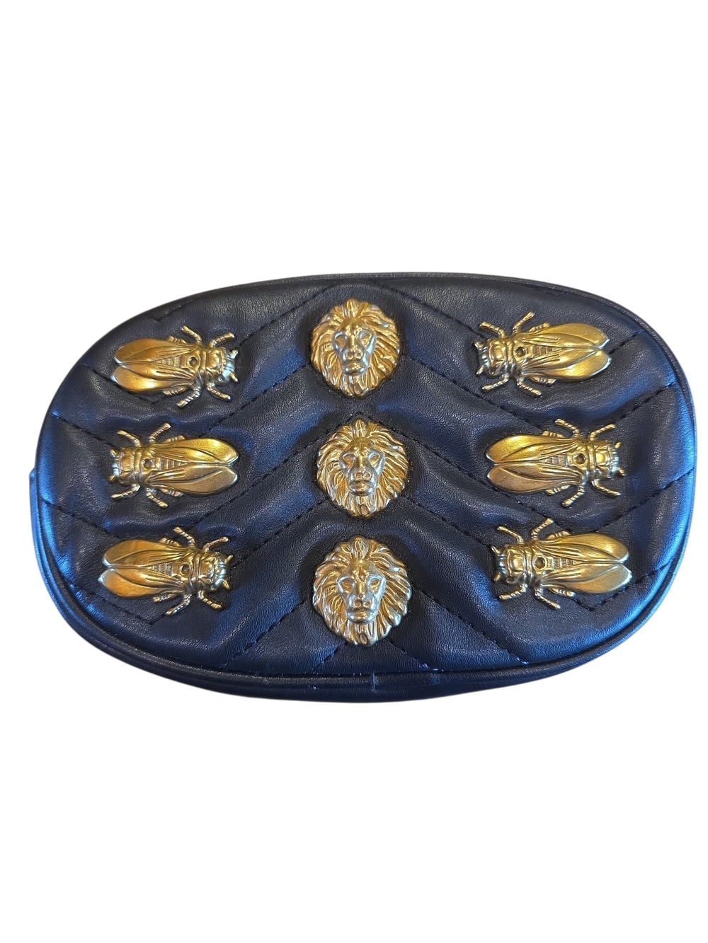 Black Faux Leather Belt Bag with Gold Tone Bee and Lion Accents
